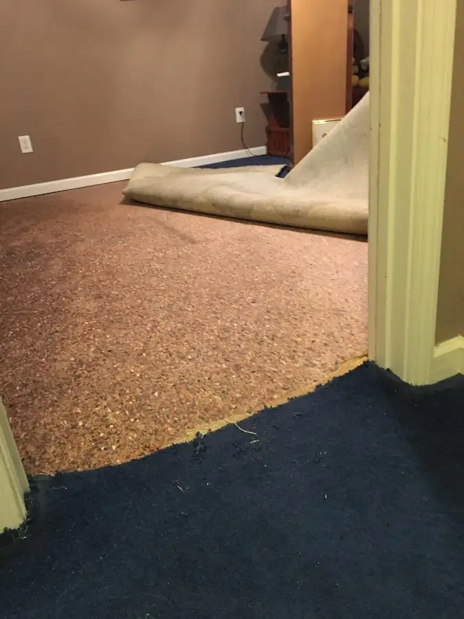 Carpet pad removal revealing water damage during Drying & Dehumidification in Frankfort Square